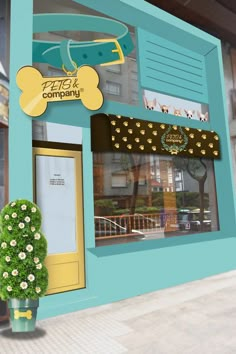 an image of a dog shop with flowers in the window and a sign above it