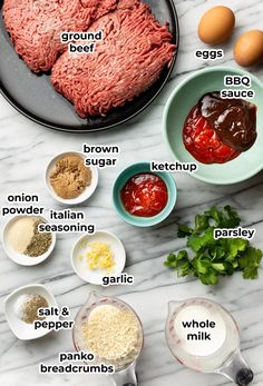 ingredients to make ground beef in bowls on a marble counter top with text overlay