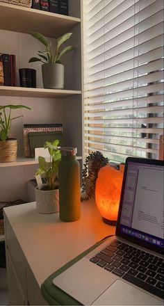 an open laptop computer sitting on top of a white desk next to a lamp and potted plant