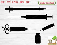 the silhouettes of medical instruments are shown in black and white, on a wooden background