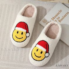 Lasaky - Cozy Home Cute Cartoon Christmas Hat Smiley Face Winter Cotton Slippers Couple Warm Cotton Slippers Christmas Slumber Party, Cartoon Santa, Christmas Slippers, Santa Claus Hat, Bedroom Slippers, Comfortable Slippers, Soft Slippers, Soft Sock, Fuzzy Slippers