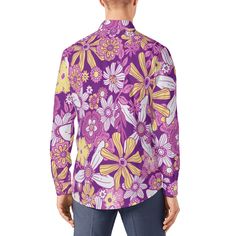 Step into the groove of the 70s with our Vintage 70s Style Shirt – a captivating and vibrant addition to your retro wardrobe. This Retro Shirt for Men features a rich Yellow and Purple Floral print, channeling the free-spirited essence of the hippie era.Crafted from 100% polyester, this Purple Floral Shirt offers a comfortable and breathable fit, making it ideal for casual outings or embracing the carefree vibes of the 70s. The absence of a pocket adds to the streamlined and sleek design, allowing the floral pattern to take center stage.Elevate your retro-inspired look with this Purple Floral Shirt, perfect for making a bold statement with its 70s-inspired design. Whether you're attending a themed event or simply embracing the vintage style in your everyday wardrobe, this shirt promises to Retro Purple Cotton Shirt, Purple Cotton Retro Shirt, Groovy Long Sleeve Cotton Tops, Retro Relaxed Fit Shirt For Spring, Spring Retro Relaxed Fit Shirt, Retro Long Sleeve Shirt With Floral Print, Retro Wardrobe, 70s Vintage Fashion, 70s Shirts