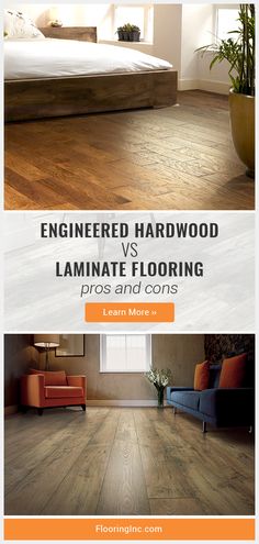 the differences between hardwood and laminate flooring are shown in two different pictures, one is