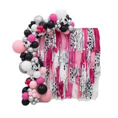 pink, black and white party decoration with balloons