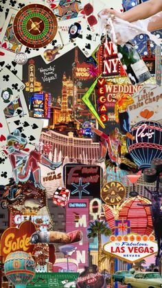 a collage of las vegas signs and casino symbols is featured in this image with the words las vegas on it