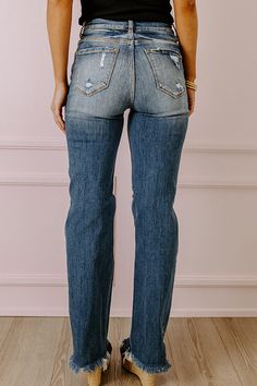 - Transition into fall style with these trendy new jeans! - Non-stretch denim material with subtle fading and distressed detail - A high waistline with wide belt loops and a hidden button fly - A functional four pocket cut - A relaxed yet flattering silhouette that ends in unfinished ankle length hemlines with frayed detail Measurements 24 : Front Rise 12", Hip 34", Inseam 34.5", Length 45.5", Waist 26". 25 : Front Rise 12", Hip 35", Inseam 34.5", Length 44.5", Waist 27". 26 : Front Rise 12.5", Denim Material, Wide Belt, Fall Style, Ankle Length, Stretch Denim, Straight Leg Jeans, Autumn Fashion, High Waist, Straight Leg