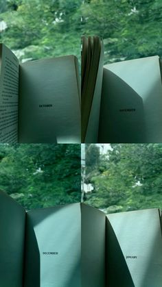 four photographs of open books with trees in the background