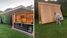 two pictures side by side one shows a man opening the door to his backyard bar