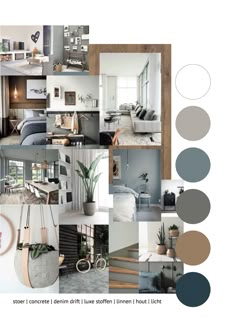 a collage of photos with different furniture and decor items in greys, blues, browns and neutrals