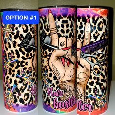 two hand painted coffee mugs with scissors and hair stylist designs on them