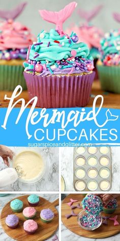 mermaid cupcakes with sprinkles and blue icing are on the table