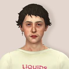 a young man with black hair wearing a white t - shirt that says liquids on it