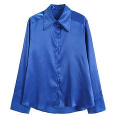 Add a touch of glamor to your wardrobe with our Satin Wide Cuff Button Blouse. This luxuriously silky button down is a timeless addition to any wardrobe. Available in three beautiful color schemes, this elegant blouse can be worn year-round and easily transitions from season to season. Featuring long sleeves, a wide cuff, point collar and a curved hem, our satin button up blouse will make you look and feel fabulous! Chic Blue Blouse With Button Cuffs, Long Sleeve Blue Blouse With Button Cuffs, Solid Color Blouse With Button Cuffs, Trendy Formal Blouse With Button Cuffs, Blue Long Sleeve Blouse With Cuffed Sleeves, Party Blouse With Button Cuffs And Collar, Long-sleeved Party Tops With Button Cuffs, Trendy Office Blouse With Button Cuffs, Party Shirt With Button Cuffs And Collar