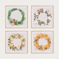 four framed pictures with wreaths and oranges on them