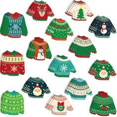 an assortment of ugly sweaters with snowmen on them