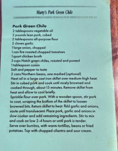 the menu for mark's pork green chile