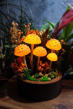 a group of yellow mushrooms sitting on top of a wooden table next to green plants