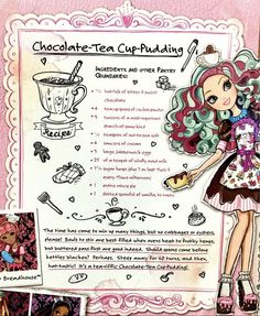 a drawing of a girl holding a tea cup and saucer in front of a menu