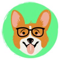 a brown and white dog wearing glasses on top of a green circle with the words corgi in it