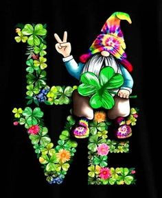 an image of a lepreite gnome with shamrocks and peace sign on it