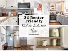 kitchen makeover ideas with the words, 26 renter friendly kitchen makeovers