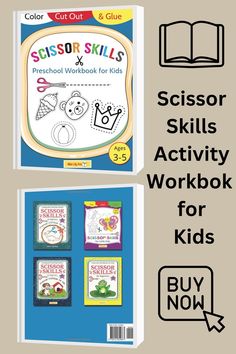 the scissors skills activity workbook for kids is shown in front of an open book