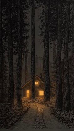 a drawing of a cabin in the woods at night with lights shining on it's windows