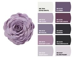 the color scheme is purple and gray with white accents, including an extra large flower