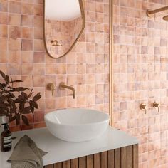 a white bowl sink sitting on top of a counter next to a mirror and towel rack