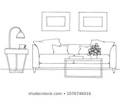 a line drawing of a living room with couches and coffee table in the corner