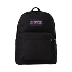 a black backpack with the word jansport on it's front pocket and an embroidered patch