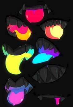 an assortment of different colored objects on a black background, including eyes and mouth shapes