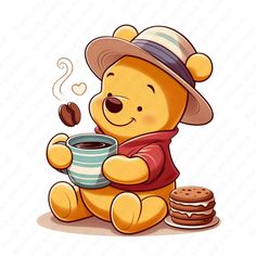 a winnie the pooh bear holding a cup of coffee while sitting next to a stack of cookies