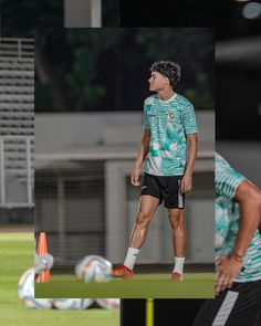 three different shots of a soccer player on the field, one with his head down