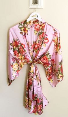 Floral Robe | Bridesmaid Robe Set | Bridesmaid Gifts | Wedding Getting Ready Robes Summer Wedding Satin Robe, Spring Wedding Wrap Kimono, Spring Wedding Satin Sleepwear, Wrap Kimono For Spring Wedding, Spring Wedding Sleepwear With Kimono Sleeves, Spring Wedding Pink Kimono, Pink Kimono For Spring Wedding, Spring Wedding Satin Kimono, Pink Bohemian Wedding Kimono