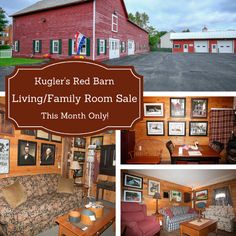 a red barn living / family room sale is on display in this month only photo collage