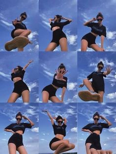 multiple pictures of a woman jumping in the air with her feet up and arms out