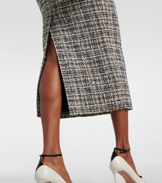 Belted Lurex® tweed midi dress in white - Alessandra Rich | Mytheresa Tweed Midi Dress, Rich Clothes, Puffed Long Sleeves, Midi Dress Style, Alessandra Rich, Tweed Coat, Patent Leather Pumps, White Midi Dress, Trending Dresses