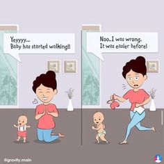 two cartoon images with babys walking in front of them, one saying they're pregnant and the other saying it was easier before