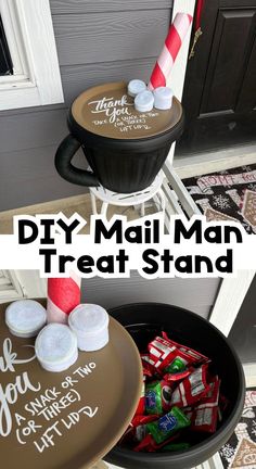 this diy mail man treat stand is so easy to make and looks great on the front porch