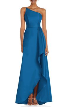 Alfred Sung One-Shoulder Satin Gown | Nordstrom Satin Formal Gown, Womens Navy Dress, Mother Of The Bride Dresses Long, Alfred Sung, One Shoulder Gown, Satin Gown, Dress The Population, A Line Gown, Bride Dresses