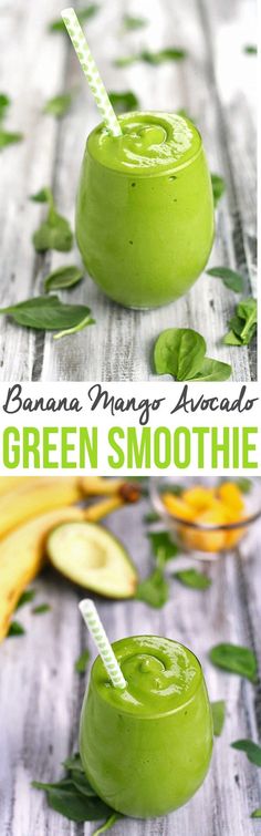 green smoothie with bananas and mangos on the side