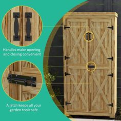 the instructions for how to build an outdoor storage cabinet with doors and latches on both sides