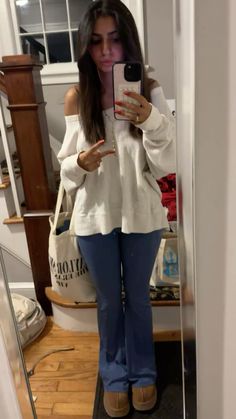 Crossover flare leggings from aerie, off shoulder oversized waffle shirt from aerie, platform disquette uggs Aesthetic Ootd, Waffle Shirt, Lazy Day Outfit, Cute Aesthetic, Flare Leggings, Ootd Outfit, School Outfit, Comfy Casual, Spring Outfit