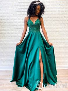 Dark Green Spaghetti Straps Evening Dress Appliqued Bodice V Neck Long Prom Dress ARD2549-SheerGirl Dark Green Prom Dress, Sleveless Dress, Green Prom, Affordable Dresses, A Line Prom Dresses, Fabric Swatch, Special Dresses, Green Prom Dress, Applique Dress