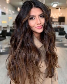 Black With Chocolate Balayage, Long Brunette Hair Volume, Black To Chocolate Balayage, Burnet Hairstyles, Brunette Brown Balayage Hair, Wavy Hair Color Ideas Brunettes, Chocolate Balyage Long Hair Brunettes, Dark Burnett Baylage, Balayage Long Dark Brown Hair