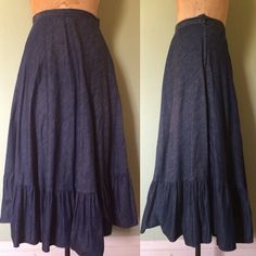 "Beautiful vintage denim prairie skirt w/ ruffled hem. In great vintage condition~very light weight and soft, great summer skirt! Measurements taken flat: waist: 13.5\" length: 33.5\"" Clothes Capsule, Clothes Capsule Wardrobe, Pucci Vintage, Vintage Denim Skirt, Prairie Skirt, Womens Skirts, Skirts Midi High Waisted, Denim Midi Skirt, Historical Dresses