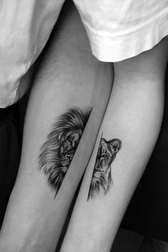 two lion tattoos on the legs