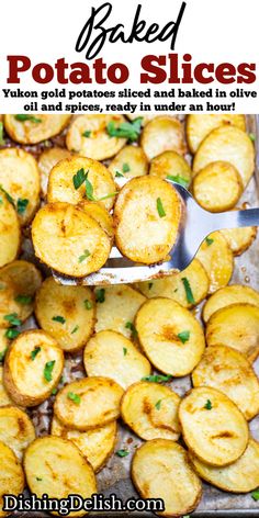 baked potato slices on a baking sheet with a serving spoon in the foreground and text overlay that reads baked potato slices