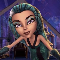 an animated woman with blue hair and green eyes